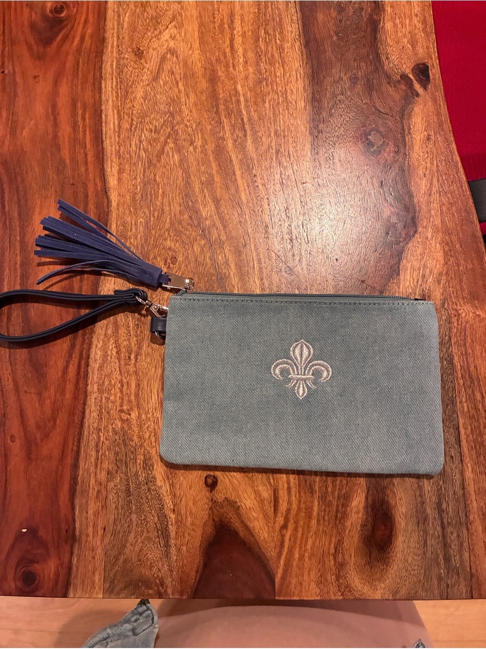 Canvas Wristlet Clutch with Fleur-de-Lis Accent - Blue